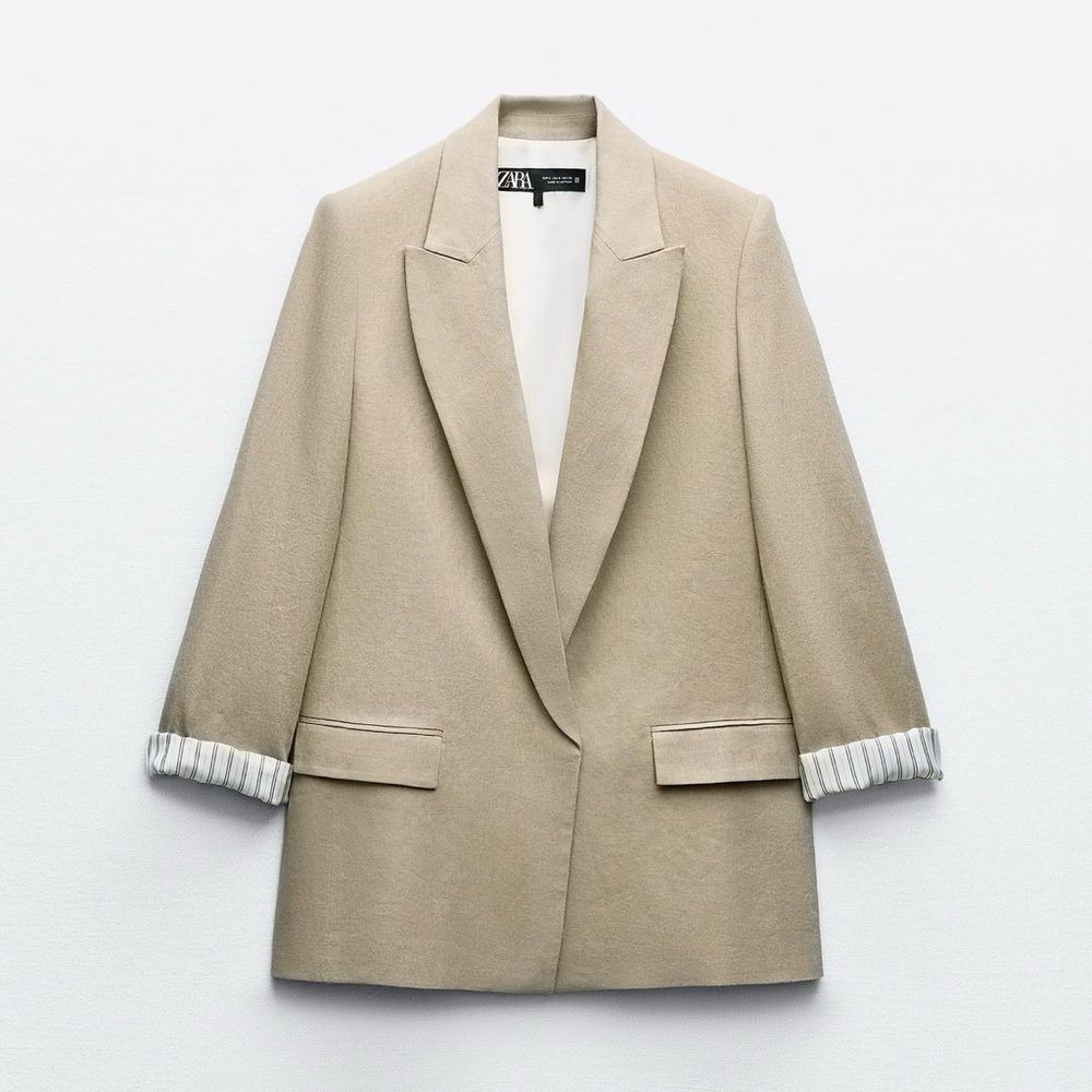 Zara Linen Roll Up Sleeve Open Front Blazer